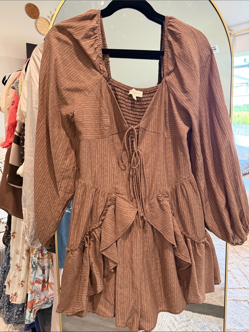 Boho Ruffled Peasant Romper in Brown